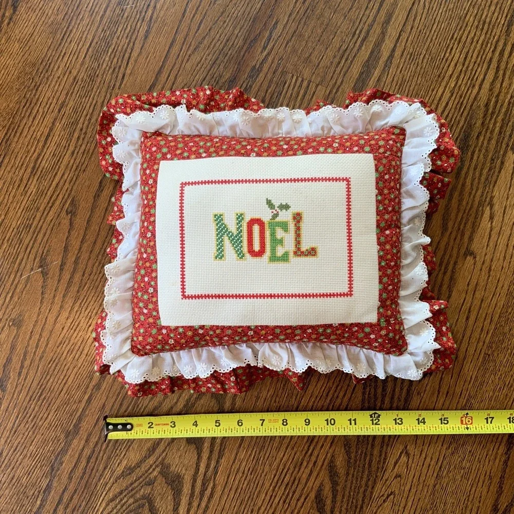 NOEL‎ Small Christmas Pillow Needlepoint Holiday Hand Made Cottage Core Prairie